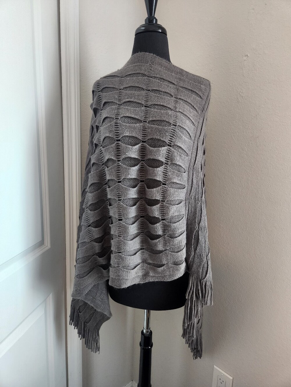 Elan Gray Open-Weave Fringe Poncho